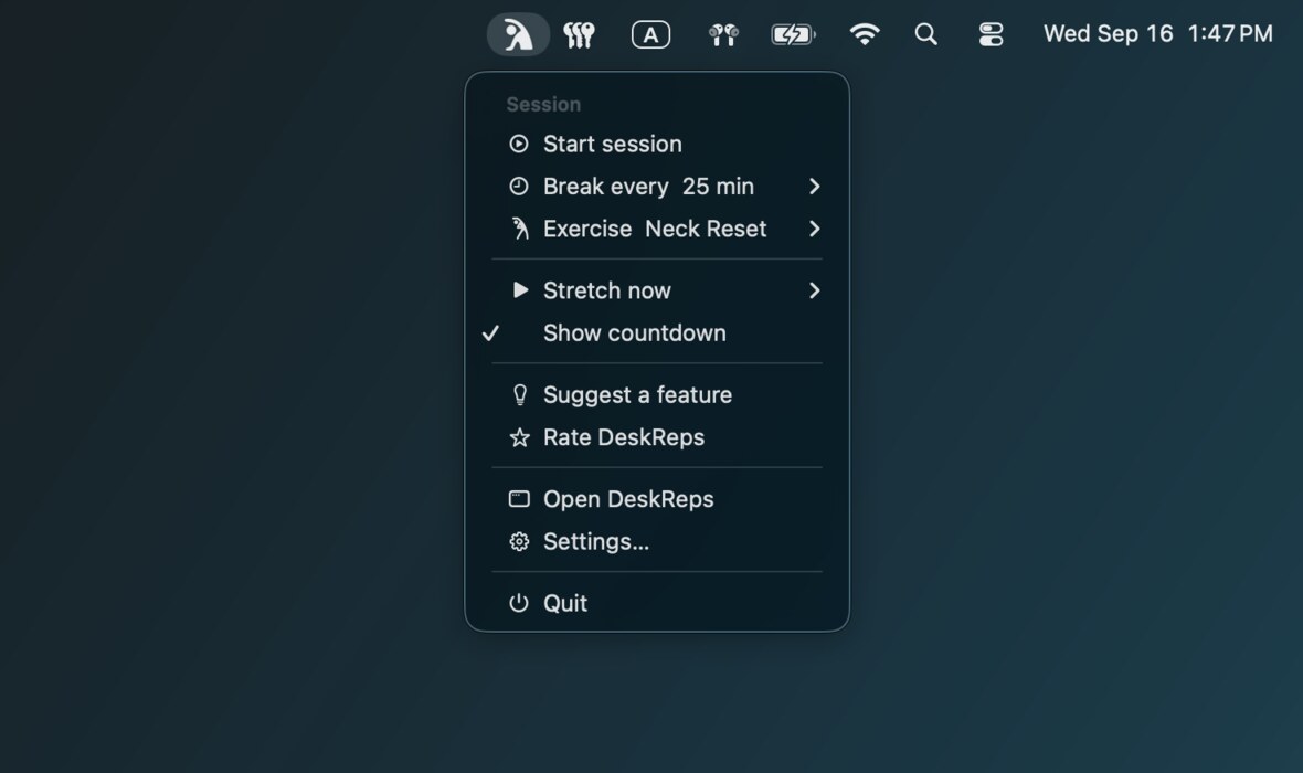 The DeskReps menu open in the Mac menu bar, with controls to start a session, choose a routine, and stretch now.